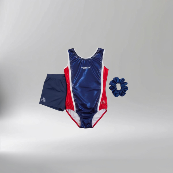ProactivSports Girl Leotard + Dark Blue Gymnastics Shorts +  Scrunchies
