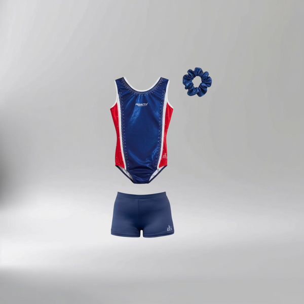 ProactivSports Girl Leotard + Dark Blue Gymnastics Shorts +  Scrunchies