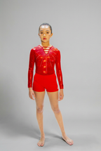 Aldebaran Red Long Sleeves Girl Gymnastics Leotard and red short