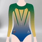 Shrewsbury 3/4 Sleeves Gymnastics Girl Leotard in blue and yellow with flowing graphic pattern