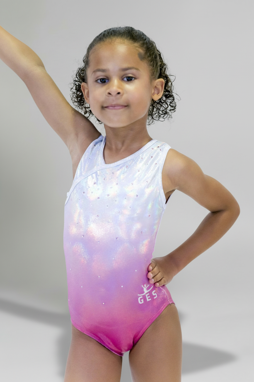Sparkling Pink and white Sleeveless Girl Gymnastics Leotard