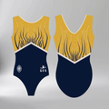 Wycombe Abbey Sleeveless Gymnastics Girl Leotard in navy blue and mustard yellow with flowing graphic pattern, front and back view