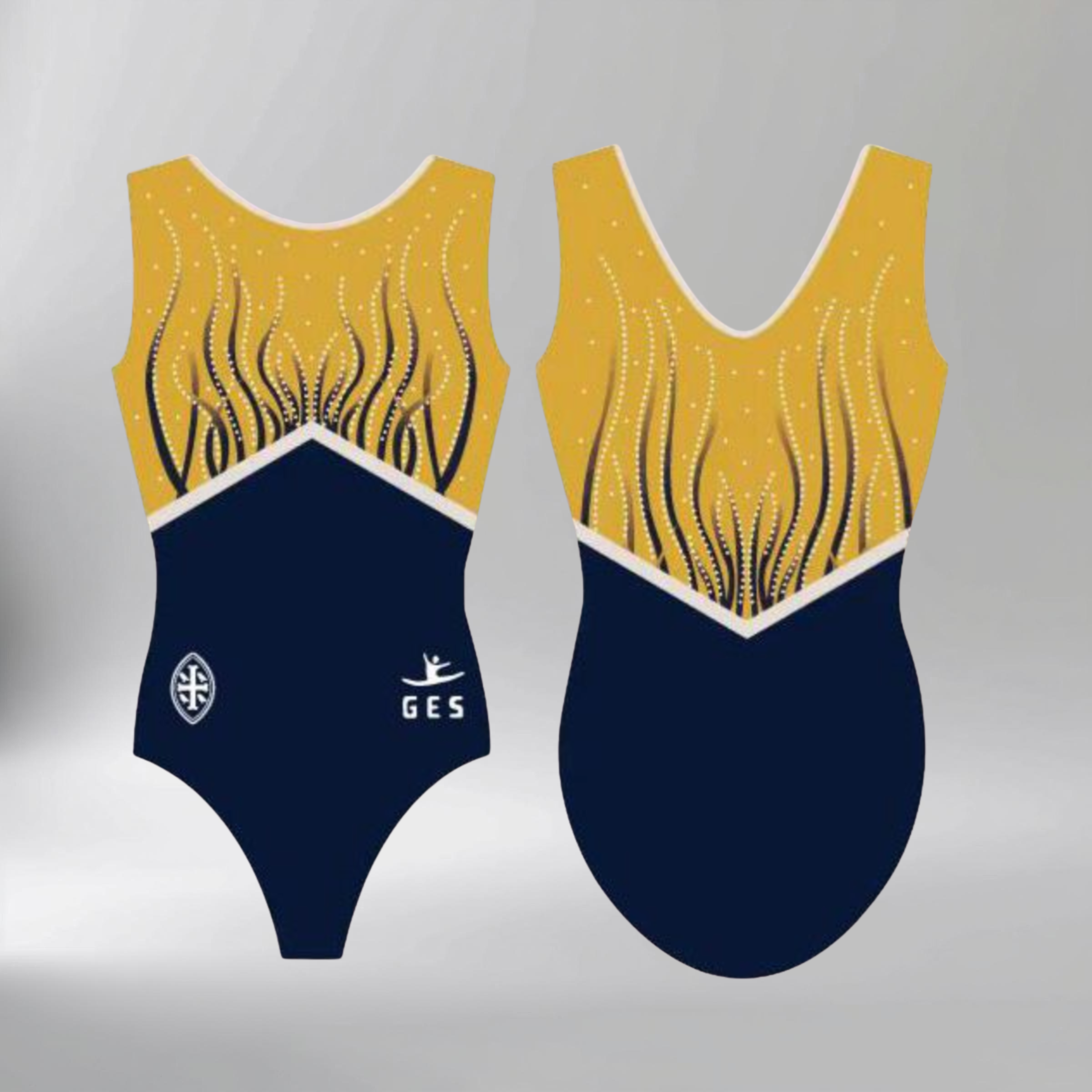 Wycombe Abbey Sleeveless Gymnastics Girl Leotard in navy blue and mustard yellow with flowing graphic pattern, front and back view