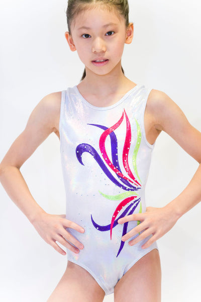 GES White Flower is an elegant sleeveless leotard that will liven up your performance and capture admiring looks. The shiny white metallic Lycra bodice is trimmed with a contrasting colorful flower design.  The dazzling clear crystals ornaments across the front add texture and shine, for a sophisticated finish and look. 